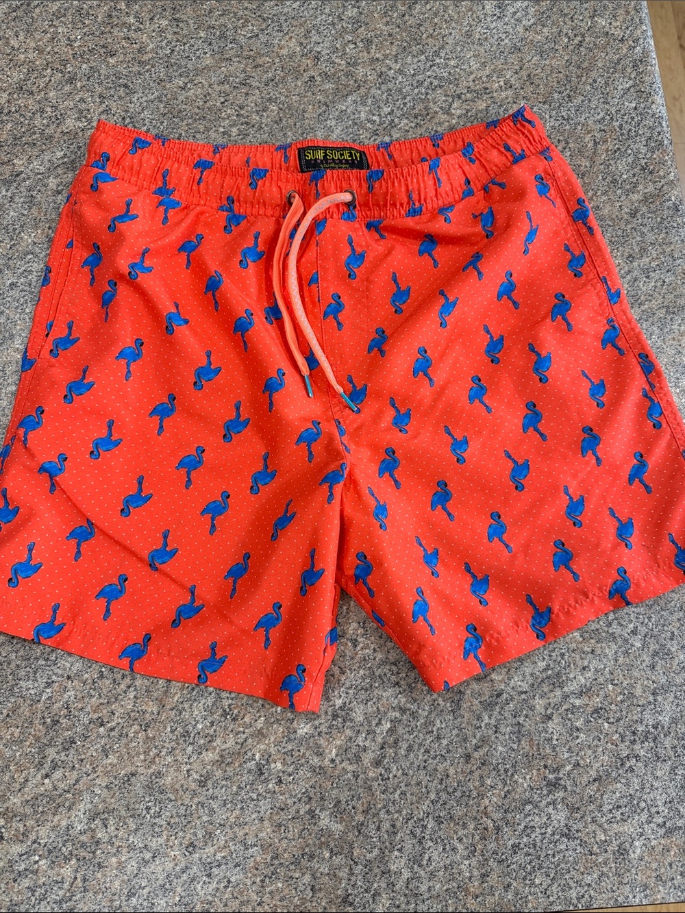 Society Men’s Orange Swim Trunks with Blue Flamingo Print size L